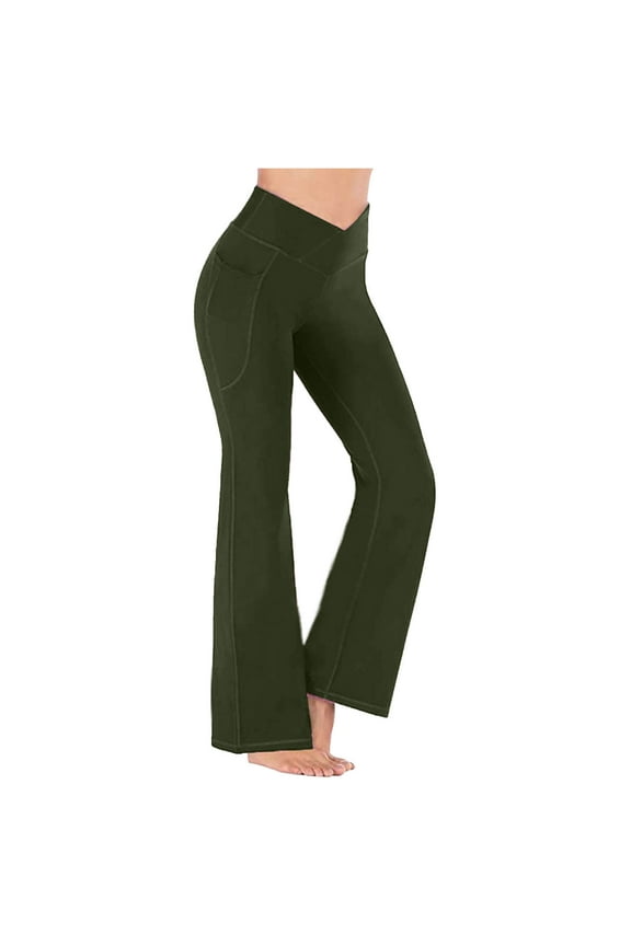 YWDJ Jeggings for Women Workout Flare Long Length Capris High Waist Casual Sports Yogalicious Crossover Boot Cut Summer Utility Dressy Everyday Soft Solid Cross Waist Leggings for Women Army Green L