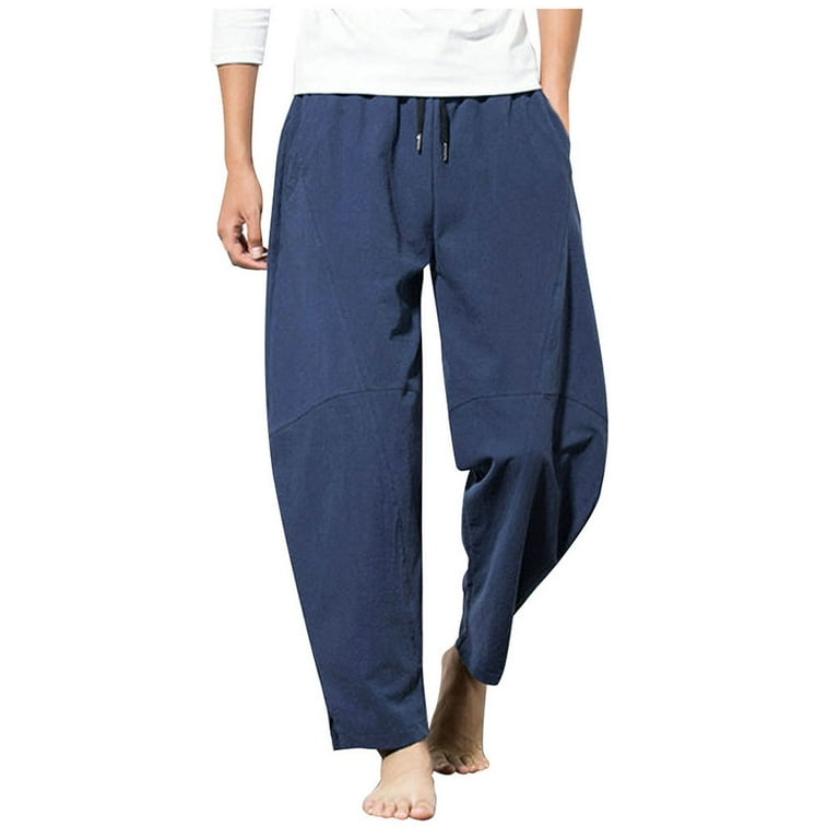 YWDJ Joggers for Men Slim Fit Men Casual Fashion Loose Cotton Linen Pure  Color Pocket Comfort Long Pant Navy XL 