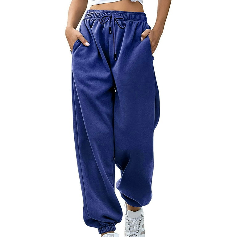 YWDJ Joggers for Women High Waist Women Fashion Casual Solid Elastic Waist  Trousers Long Straight Pants Blue L