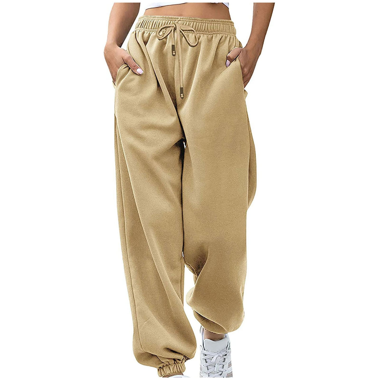 YWDJ Joggers for Women Plus Size Women Fashion Casual Solid Elastic Waist  Trousers Long Straight Pants Khaki L 