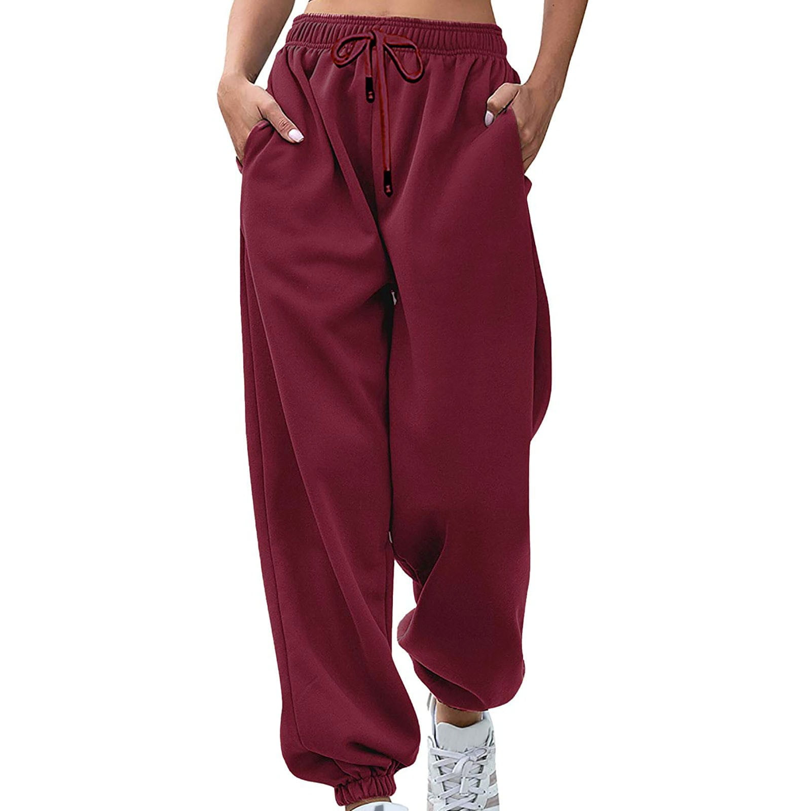 YWDJ Joggers for Women Plus Size Women Fashion Casual Solid Elastic Waist  Trousers Long Straight Pants Pink M 