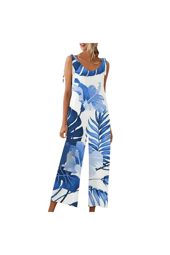 YWDJ Jumpsuits for Women Casual Casual Fancy Summer Wide Leg Long Pant Sleeveless Ladies Travel Comfortable 2023 Vacation Flowy Rompers Cute Rompers for Women Casual Jumpsuits Printing White M