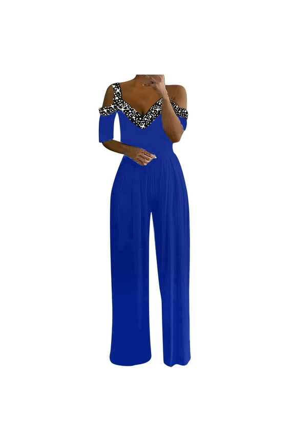 YWDJ Jumpsuits for Women Casual Casual Short Wide Leg Long Pant Ladies Travel Comfortable 2023 Vacation Loose Rompers for Women Jumpers and Rompers Casual Fashion V Neck Short Sleeve Blue S