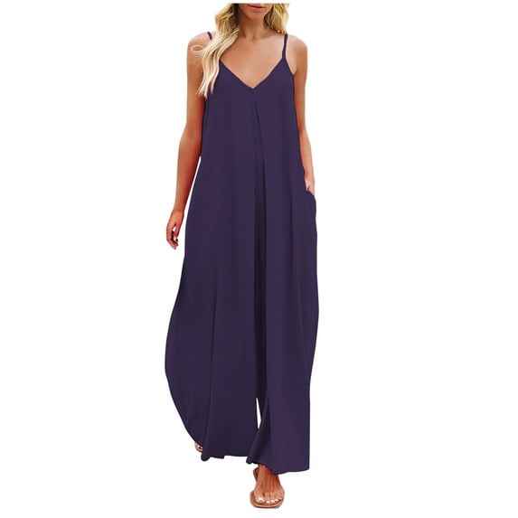 YWDJ Jumpsuits for Women Casual Casual Summer Suspender Pants Sleeveless Ladies Travel Comfortable 2023 Vacation Fancy Jumpsuits for Women Jumpers and Rompers Casual Solid Color Purple XXL
