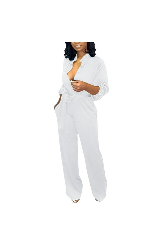 YWDJ Jumpsuits for Women Dressy Long Sleeve Wide Leg Long Pant Ladies Travel Comfortable 2023 Vacation Fancy Jumpsuits for Women Jumpers and Rompers Casual Fashion Solid Color with Belt White XL