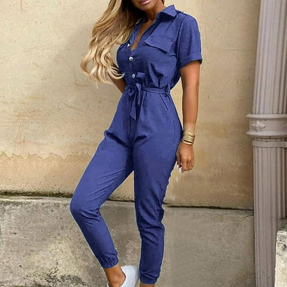 YWDJ Jumpsuits for Women Elegantes 2023 With Sleeves Short Sleeve Trendy Casual with Belted Long Pant Fashion Solid Color Lapel Belt Overalls for Everyday Wear Work Casual Event 30-Dark Blue XL