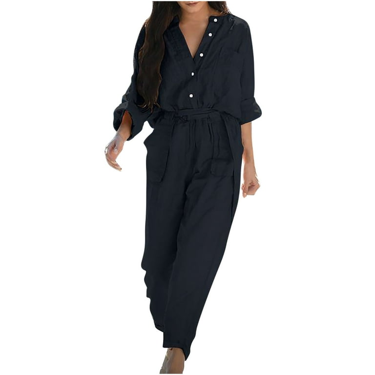 YWDJ Jumpsuits for Women Long Sleeve Long Pant Ladies Travel Comfortable  2023 Vacation Flowy Rompers Womens Jumpers and Rompers Casual V Neck Solid  Color with Pockets with Belt Buttons Black XL 