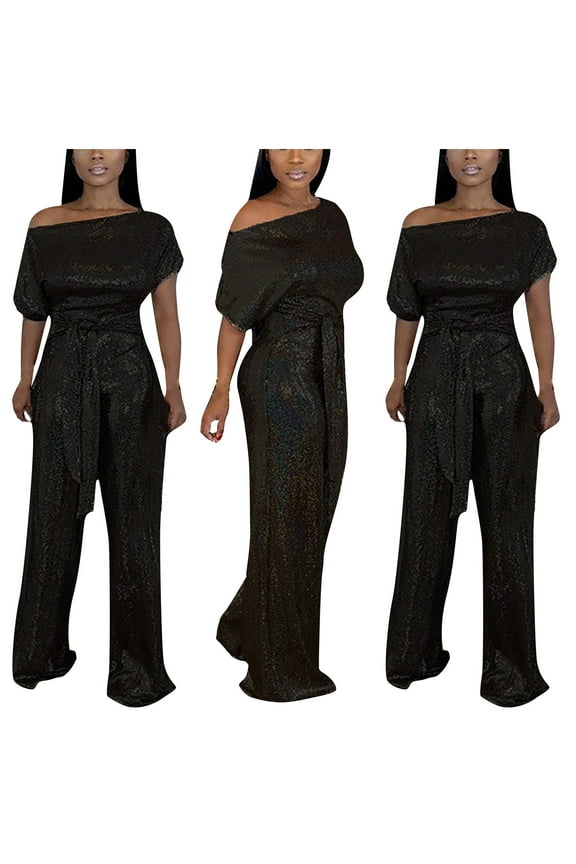 YWDJ Jumpsuits for Women Dressy Women Banquet Evening Dress Elegant Off Shoulder Colorful Bright Jumpsuit Black XXL