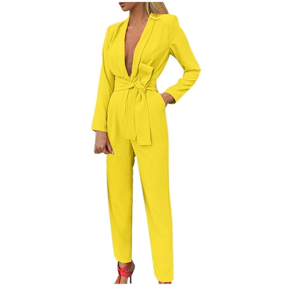 YWDJ Jumpsuits for Women Dressy Petite Length Women Casual Solid Pocket Romper Long Playsuit Strap Long Sleeve Jumpsuit Belt Yellow XS