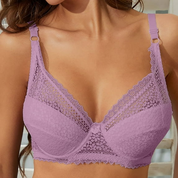 YWDJ Lace Bras for Women Plus Size Back Closures Comfy Bras Underwire Lounge Bras Adjustable Straps Half Cup Push up See Through Bras Padded Plus Size Lace Comfort Bras Wrap Bras Purple 85D