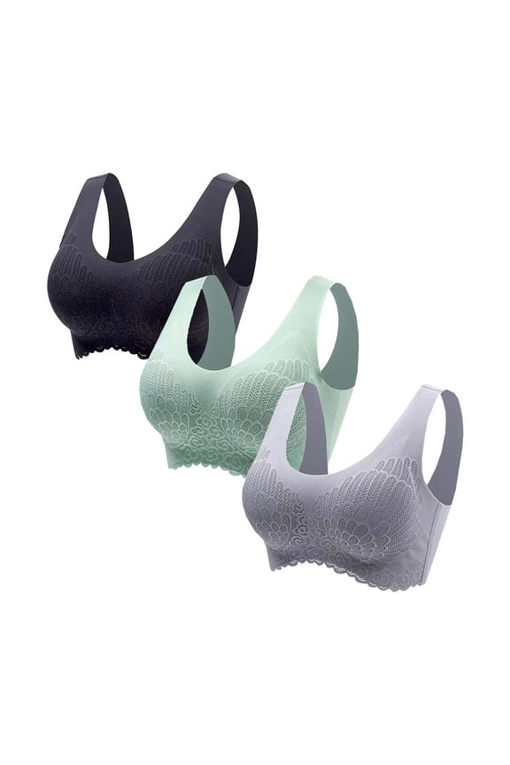 YWDJ Lace Bras for Women Push up 3 Pack Pullover Comfy Bras No Wire Sports Bras Wide Strap Full Coverage Workout Bras Low Support Wrap Gym Bras Padded Lace Yoga Bras Bras Multicolor M