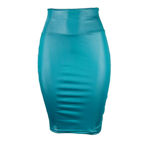 YWDJ Leather Pleated Skirts for Women Half-length Skirt Imitation Leather Wrap Hip Skirt High Waist Elastic Plus Size Skirt Blue S