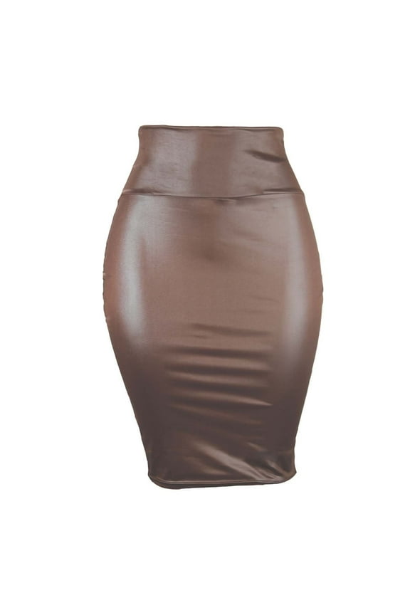 YWDJ Leather Pleated Skirts for Women Half-length Skirt Imitation Leather Wrap Hip Skirt High Waist Elastic Plus Size Skirt Coffee M