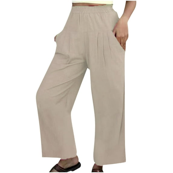 YWDJ Linen Pants for Women High Waist Beach With Pockets Wide Leg Trendy Casual Long Pant Fashion Comfortable Solid Color Leisure Pants Loose Pants for Everyday Wear Work Casual Event 16-Beige S