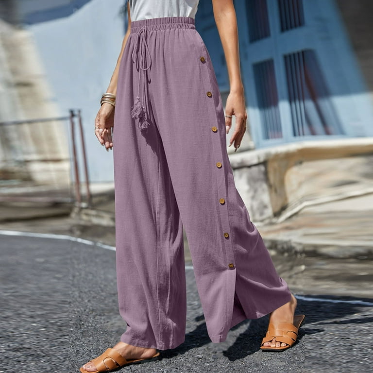 YWDJ Linen Pants for Women High Waist Beach High Waist High Rise Trendy  Casual Long Pant Pants Solid Color Comfortable Button Decoration A Popular  Choice for Everyday Wear Work Casual Event 8-Purple