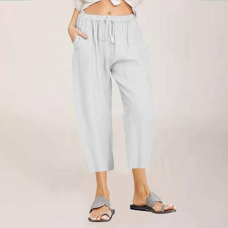 YWDJ Linen Pants for Women Plus Size Petite Drawstring Relaxed Fit Baggy  Wide Leg Elastic Waist Casual Linen Solid Cotton Pants Cropped Trousers for  Everyday Wear Work Casual Event 30-White M 