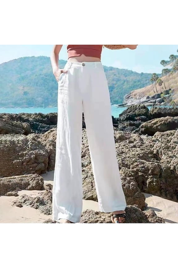 YWDJ Linen Pants for Women Plus Size Petite With Pockets High Waist High Rise Casual Long Pant Straight Leg Fashion Comfortable Solid Color Leisure Pants Loose Pants for Everyday Wear Work 32-White L