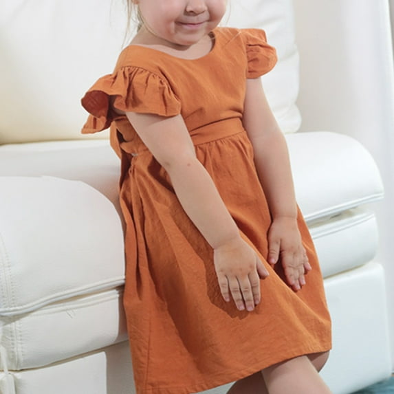 YWDJ Little Girls Prom Dresses Girls Dress For Two To Six Years Old Baby Cotton And Linen Solid Color Childrens Dress Bow Princess Dress Brown 6Y