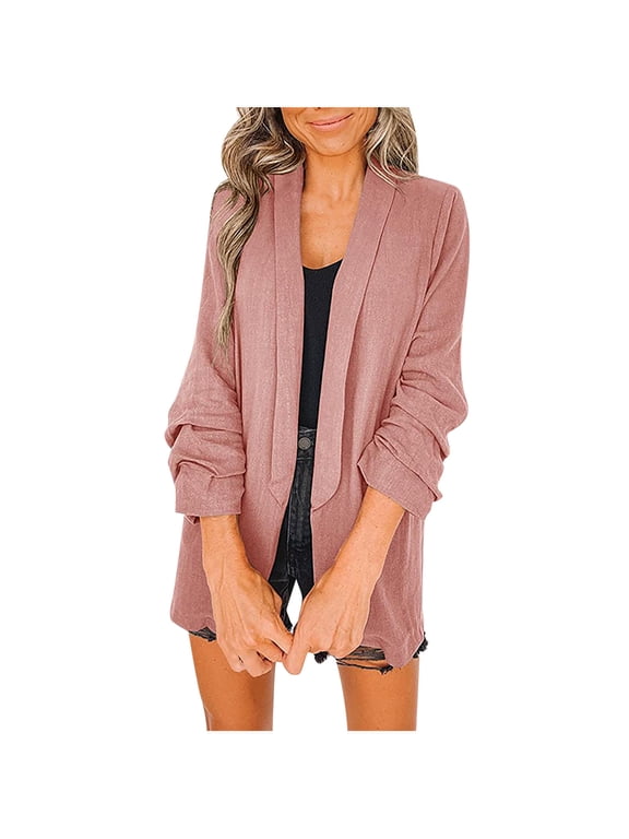 YWDJ Long Blazer Jackets for Women Petite Fashion Solid Ladies Suit Turn-down Collar Cardigan Casual Coat Pink L