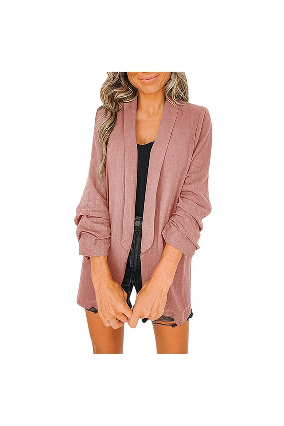 YWDJ Long Blazer Jackets for Women Petite Fashion Solid Ladies Suit Turn-down Collar Cardigan Casual Coat Pink XS