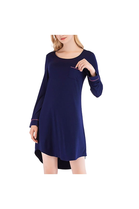 YWDJ Long Fall Dresses for Women 2022 Casual Women Fashion Nightgown Loose Long Sleeve Pocket O-Neck Women Home Dress Purple XS