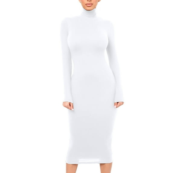 YWDJ Long Fall Dresses for Women 2022 Women Fashion Slim High Neck Long Dress Long Sleeve Pure Color Dress White M