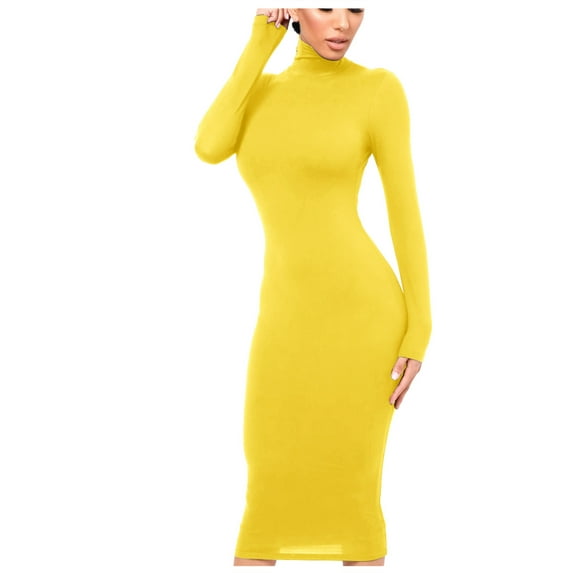 YWDJ Long Fall Dresses for Women 2022 Women Fashion Slim High Neck Long Dress Long Sleeve Pure Color Dress Yellow XS