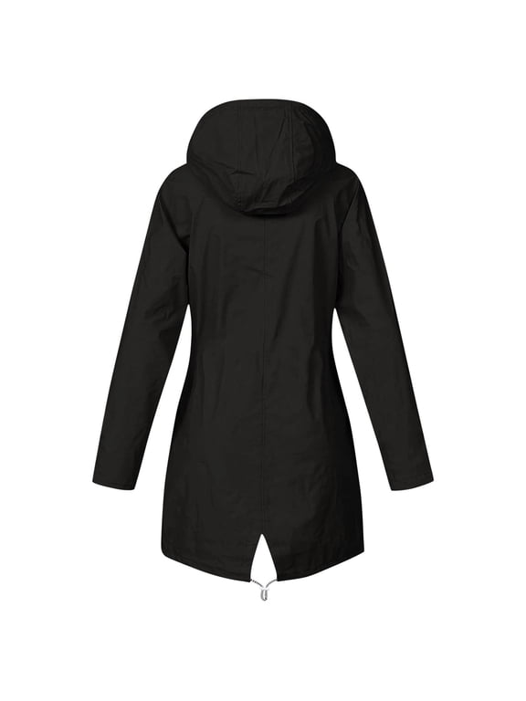 YWDJ Long Rain Jackets for Women Waterproof Casual Solid Jacket Outdoor Plus Size Hooded Windproof Loose Coat Black XS