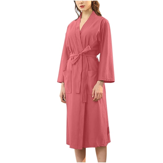 YWDJ Long Robes for Women Long Lightweight Plus Size Solid Long Sleeve Pajamas XL Watermelon Red