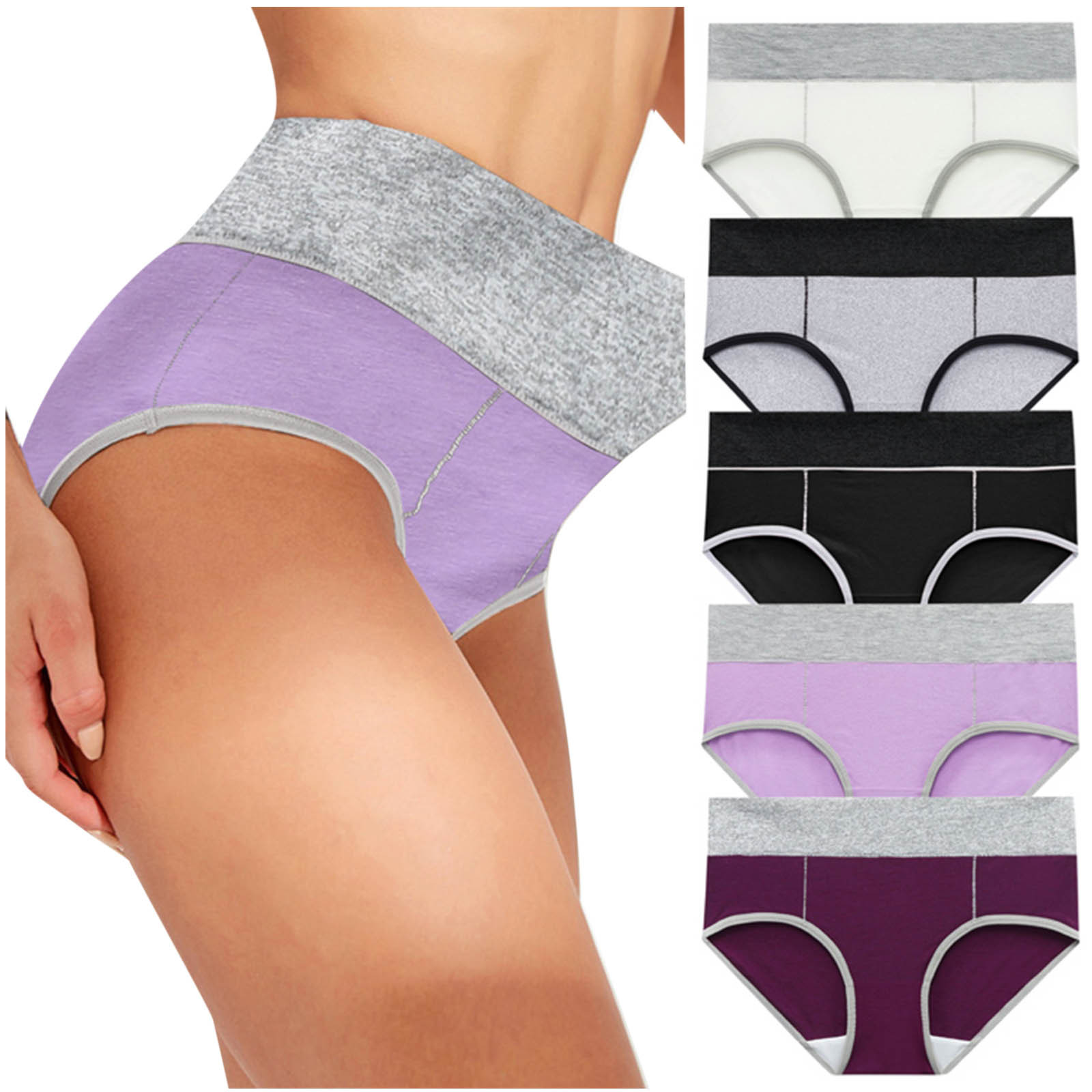 YWDJ Long Underwear Women 5PC Women Solid Color Patchwork Briefs Panties Underwear Bikini Underpants Multicolor L