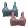 thumbnail image 1 of YWDJ Lounge Bras for Women Comfort 2 Pack Closure in Back No Underwire Wide Strap Full Coverage Bras Low Support Hollow Padded Plus Size Lace Bras Comfy Wrap Solid Bras Blue 4XL, 1 of 8