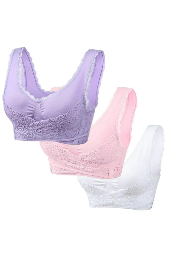 YWDJ Lounge Bras for Women Comfort 3 Pack Front Closure Comfy Bras Wireless Lounge Bras Wide Strap Full Coverage Push up Cross Comfortable Bras Padded Plus Size Lace Comfort Bras Wrap Bras Pink 3XL