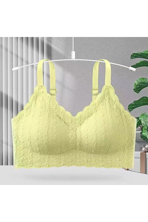 YWDJ Lounge Bras for Women Comfort Back Closures Lounge Bras Wireless Comfortable Bras Wide Strap Full Coverage Push up Wrap Bras Padded Lace Comfy Bras Solid Sleep Bras Yellow L