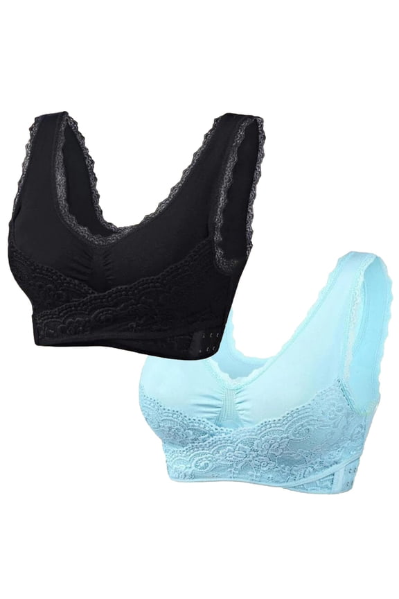 YWDJ Lounge Bras for Women Plus Size 2 Pack Front Close Comfy Bras Wireless Lounge Bras Wide Strap Full Coverage Push up Cross Comfortable Bras Padded Plus Size Lace Comfortable Bras Wrap Bras Black M
