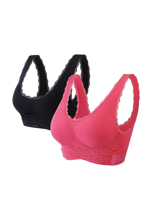 YWDJ Lounge Bras for Women Plus Size 2 Pack Front Closure Sleep Bras No Wire Comfy Bras Wide Strap Full Coverage Push up Cross Lounge Bras Padded Plus Size Comfy Bras Wrap Comfortable Bras Red L