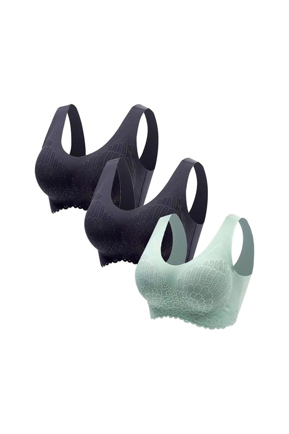 YWDJ Lounge Bras for Women Plus Size 3 Pack Pullover Comfy Bras Wirefree Sports Bras Wide Strap Full Coverage Bras Push up Low Support Wrap Bras Padded Plus Size Lace Bras Solid Bras Black XL