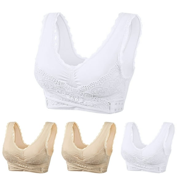 YWDJ Lounge Bras for Women Plus Size 4 Pack Front Closure Comfy Bras Wireless Lounge Bras Wide Strap Full Coverage Push up Cross Comfortable Bras Padded Plus Size Lace Comfort Bras Wrap Bras White S
