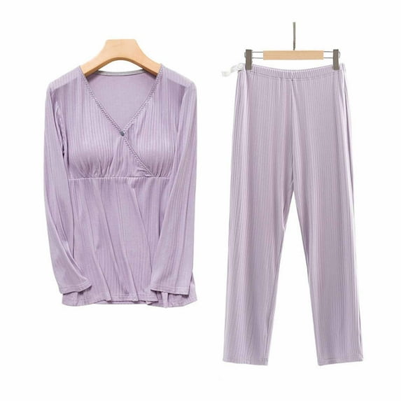 YWDJ Maternity Sets for Women Pregnant Womens Nursing Color Round Neck Long Sleeve Round Neck Breastfeeding Blouse Pants Two Piece Set Purple M