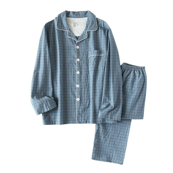 YWDJ Men Cotton Pajama Pants Petite Lightweight Plaid Long Sleeve Button Down Shirts Button 2 Piece Long Pants Loungewear M Blue