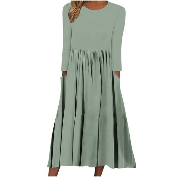 YWDJ Midi Dresses for Women Fall Long Sleeve Women Autumn And Winter Casual Round Neck Long Sleeve Folding Solid With Pocket Dresses Green L