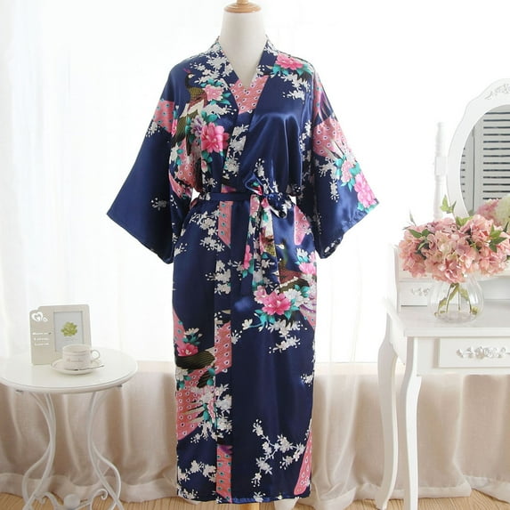 YWDJ Night Bathrobe for Woman Print Blossom Kimono Dressing Gown Bath Robe Lingerie Nightdress Navy