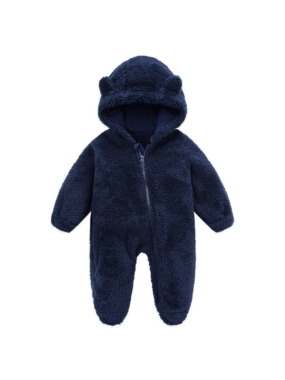 YWDJ One Piece Newborn Fleece Snowsuit Bunting Cartoon Hooded Romper Jumpsuit Outfits For Girls Boys Navy 3-6 Months