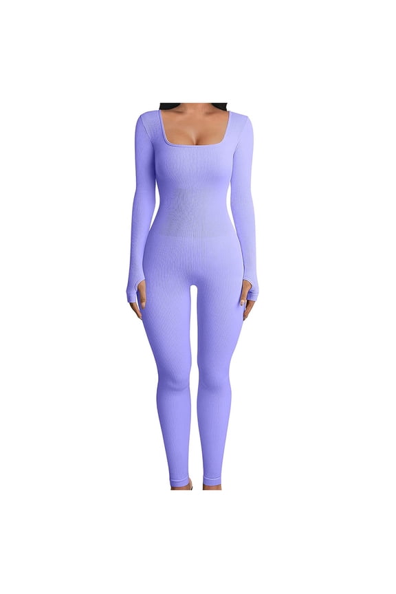 YWDJ One Piece Jumpsuits for Women Plus Size Jumpsuits For Long Sleeves Solid Color Square Collar Sports Elastic Pants Romper Pants Purple S