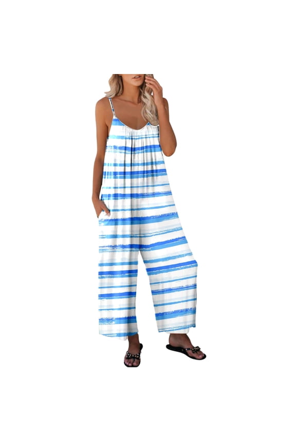 YWDJ One Piece Jumpsuits for Women Women Casual Jumpsuits Summer Sleeveless Stripe Printed Loose Jumpsuit Wide Leg Pant Romper With Pocket Blue XS