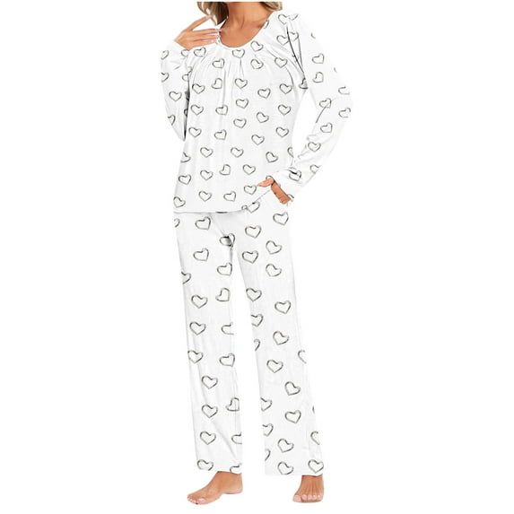 YWDJ Pajama Set Women Long Sleeve Lightweight Plus Size Hearts Shirt with Pockets 2 Piece Long Pants Loungewear 2XL White