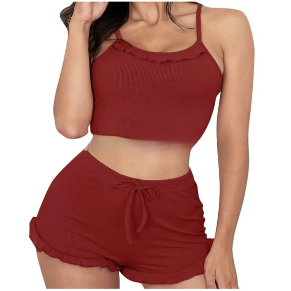 YWDJ Pajama Shorts Women Lace Lightweight Plus Size Solid Sleeveless Tank Tops 2 Piece Shorts Loungewear L Wine