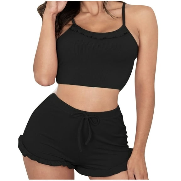 YWDJ Pajama Shorts Women Lace Lightweight Plus Size Solid Sleeveless Tank Tops 2 Piece Shorts Loungewear S Black