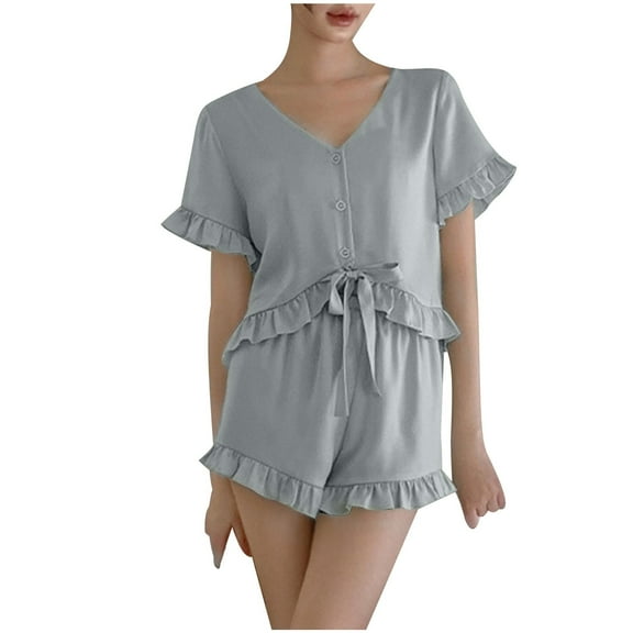 YWDJ Pajamas for Women Set Shorts Green Lightweight Solid Short Sleeve Button 2 Piece Shorts Loungewear L