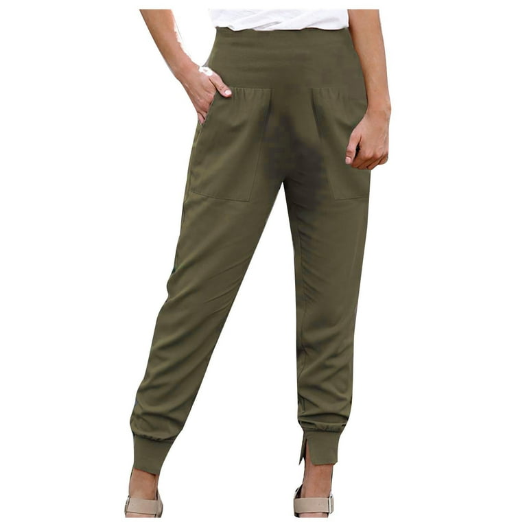 YWDJ Pants for Women Dressy Casual Fashion Casual High Waist Trousers Slit  Pocket Solid Color Length Pants Army Green XL 