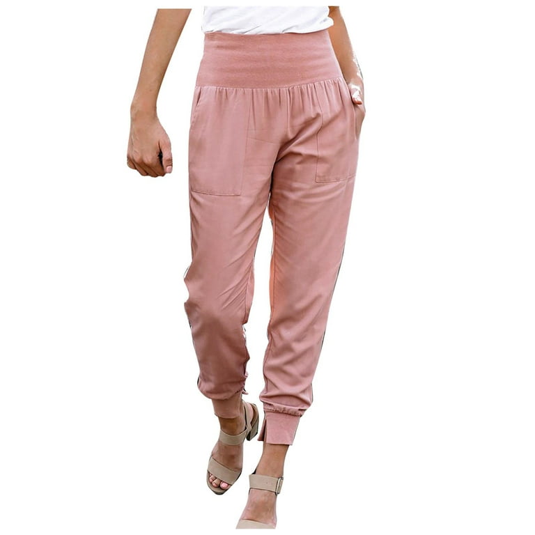 YWDJ Pants for Women Dressy Casual Fashion Casual High Waist Trousers Slit  Pocket Solid Color Length Pants Pink S 